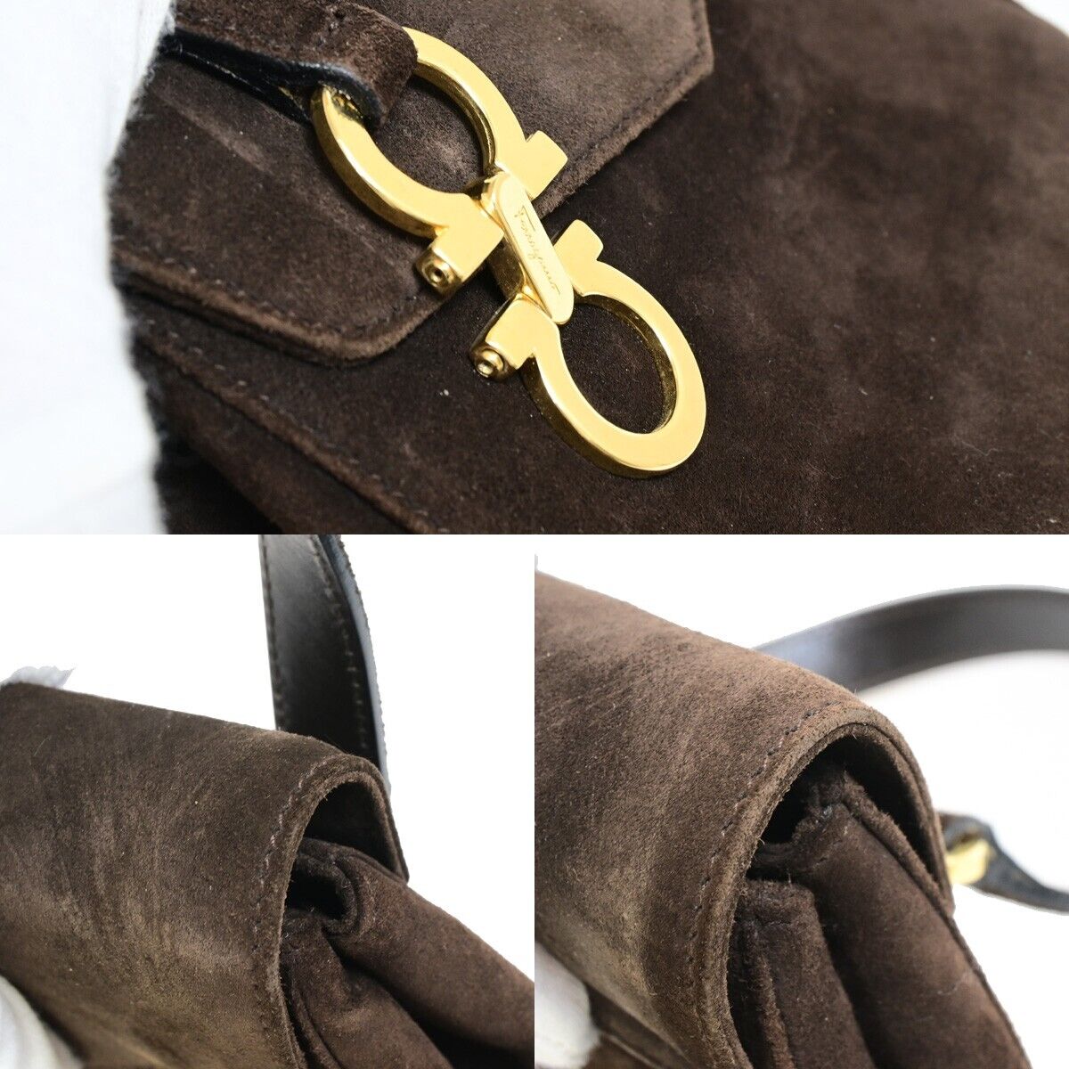 SALVATORE FERRAGAMO Logo Gancini Hand Bag Suede Leather Brown GHW Italy 04FA937