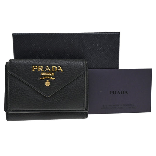 PRADA Logo Mini Compact Trifold Wallet Vitello Leather Black GHW 62YH815