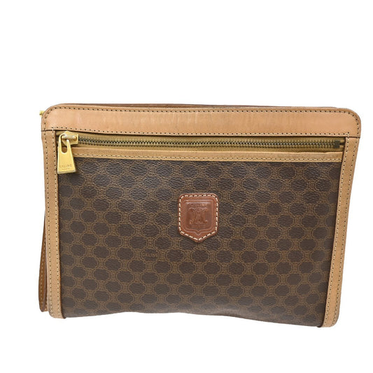 30.Live CELINE Macadam Pattern Clutch Pouch Bag PVC Leather Brown Italy 09KB626