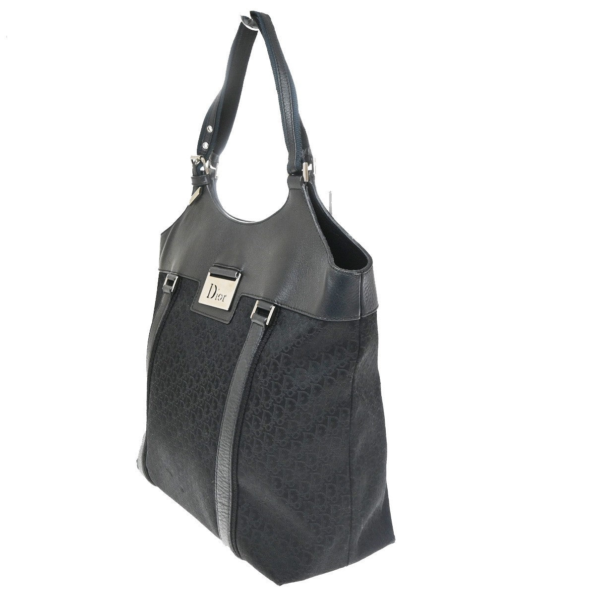 CHRISTIAN DIOR Logo Trotter Pattern Hand Bag Canvas Leather Black GHW 13CB061