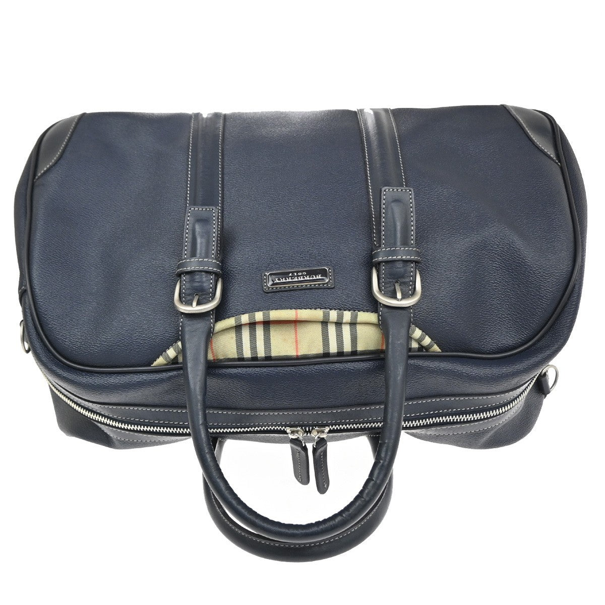 BURBERRY Golf Logo Nova Check Pattern Boston Bag Leather Navy Beige SHW 05CB019