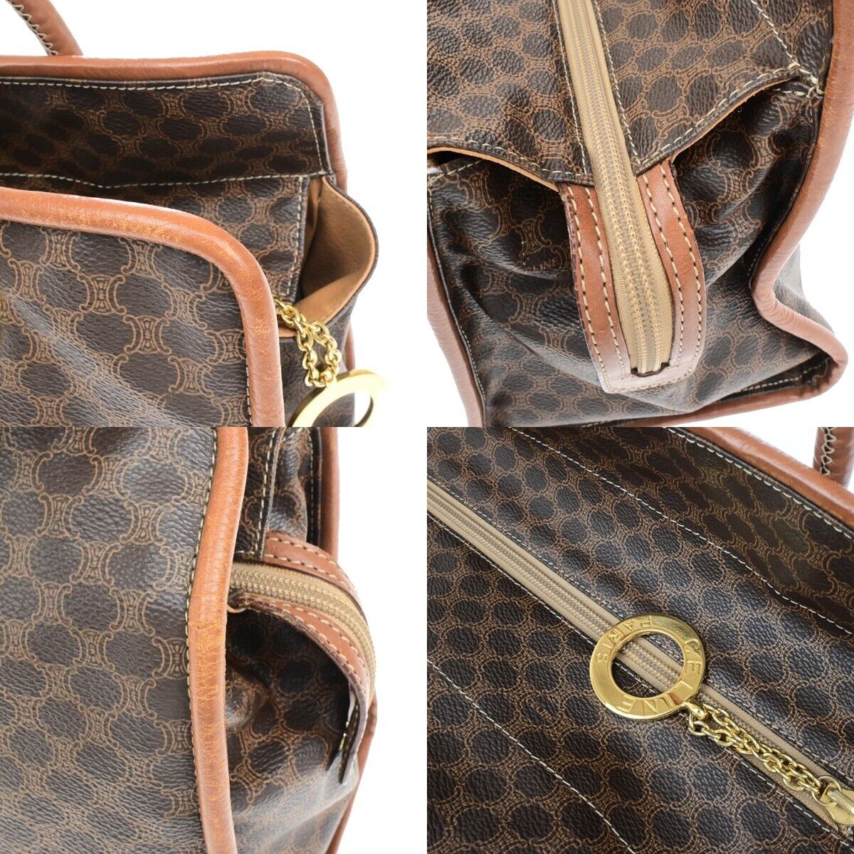 CELINE Circle Logo Macadam Pattern Shoulder Hand Bag PVC Leather Brown 33ED943