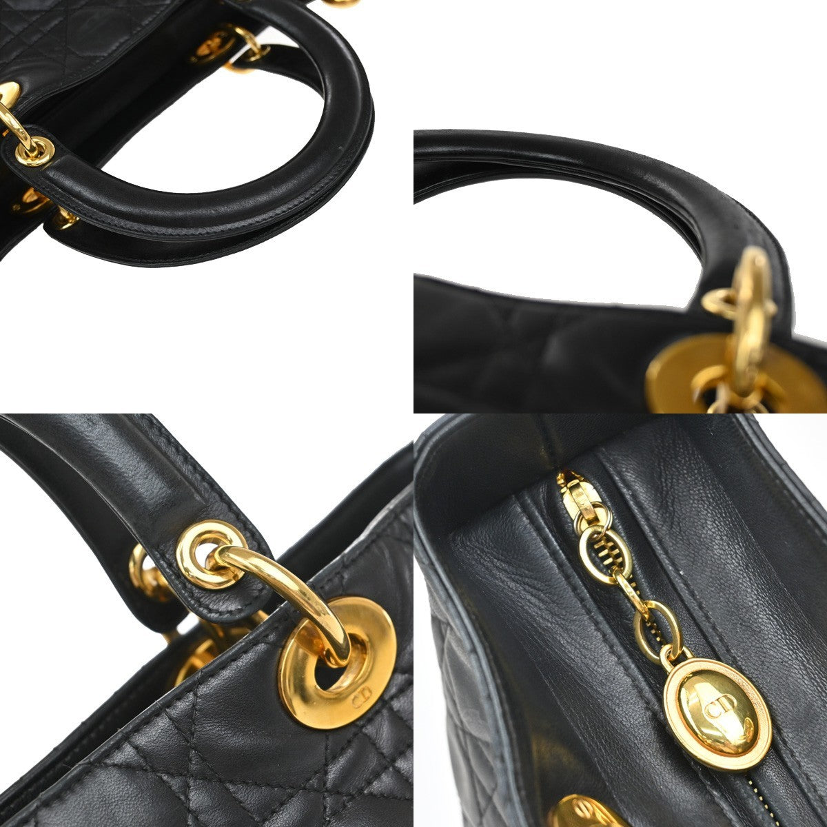 CHRISTIAN DIOR Lady Cannage Hand Tote Bag Leather Black Gold Italy 46RF672