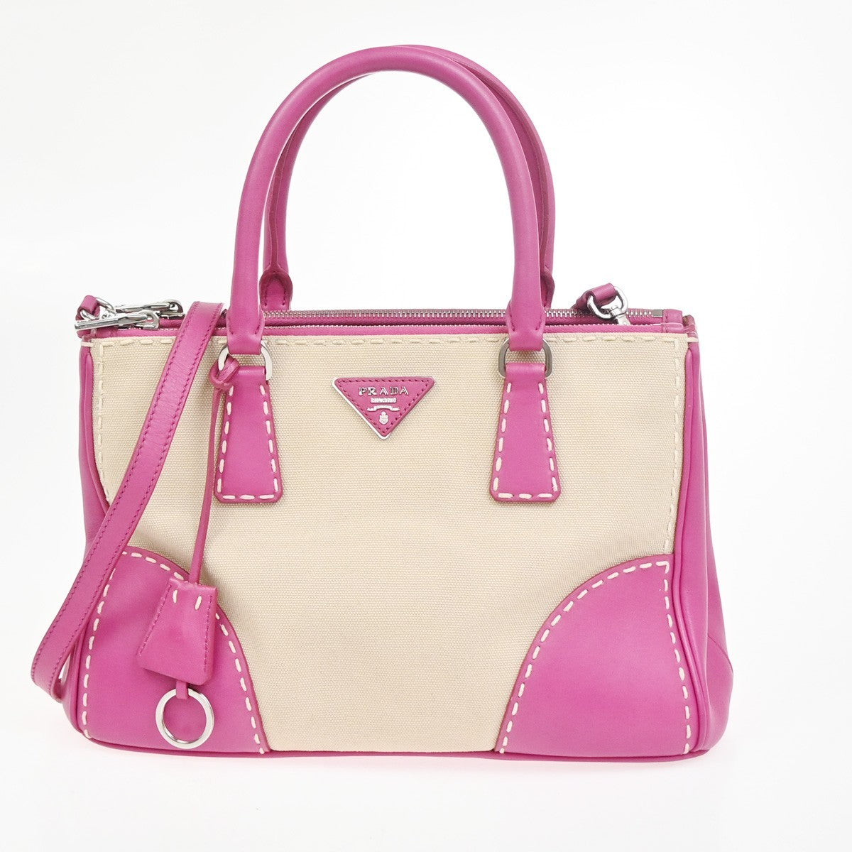 PRADA Logo Canapa City 2Way Shoulder Hand Bag Canvas Leather Pink BE SHW 98ZA359