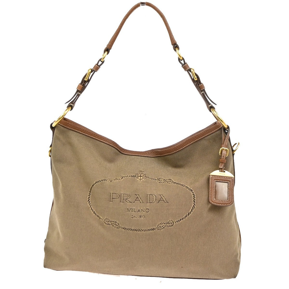 PRADA Logo Shoulder Hobo Bag Jacquard Canvas Leather Brown GHW Italy 85YH899
