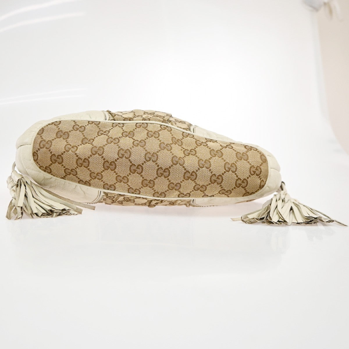 GUCCI GG Tassel Shoulder Tote Bag Canvas Leather Brown White Italy 62TA672