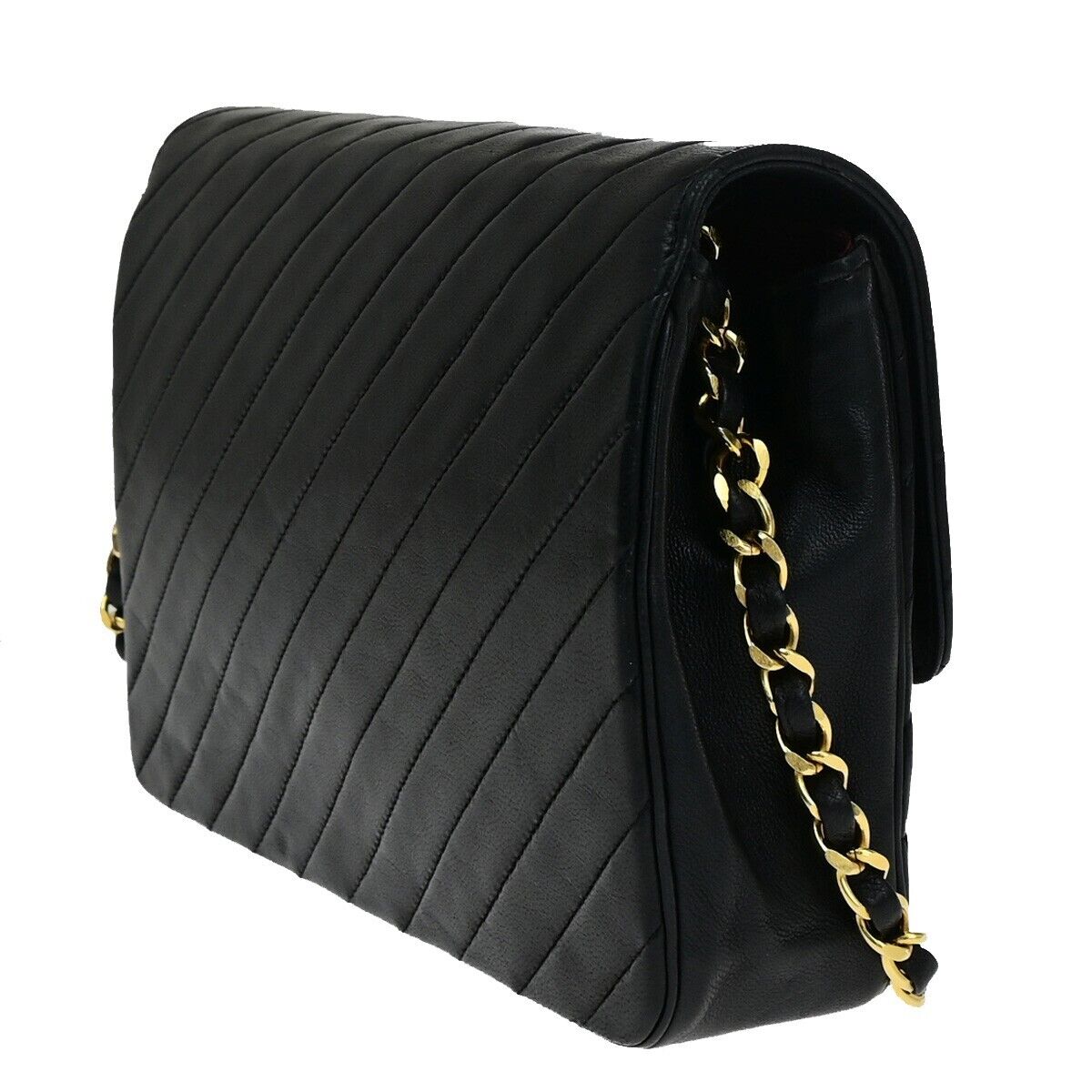 CHANEL CC Bias Stitch Chain Shoulder Bag Leather Black GHW Vintage 645RF150