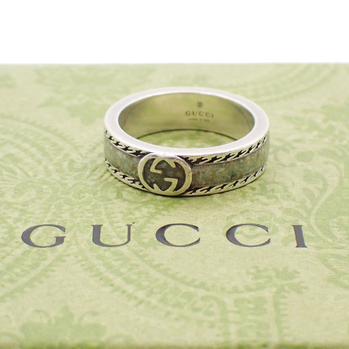 GUCCI Interlocking G Ring Ag 925 Size JP 17 US 8.5 Green Silver Italy 63YH795