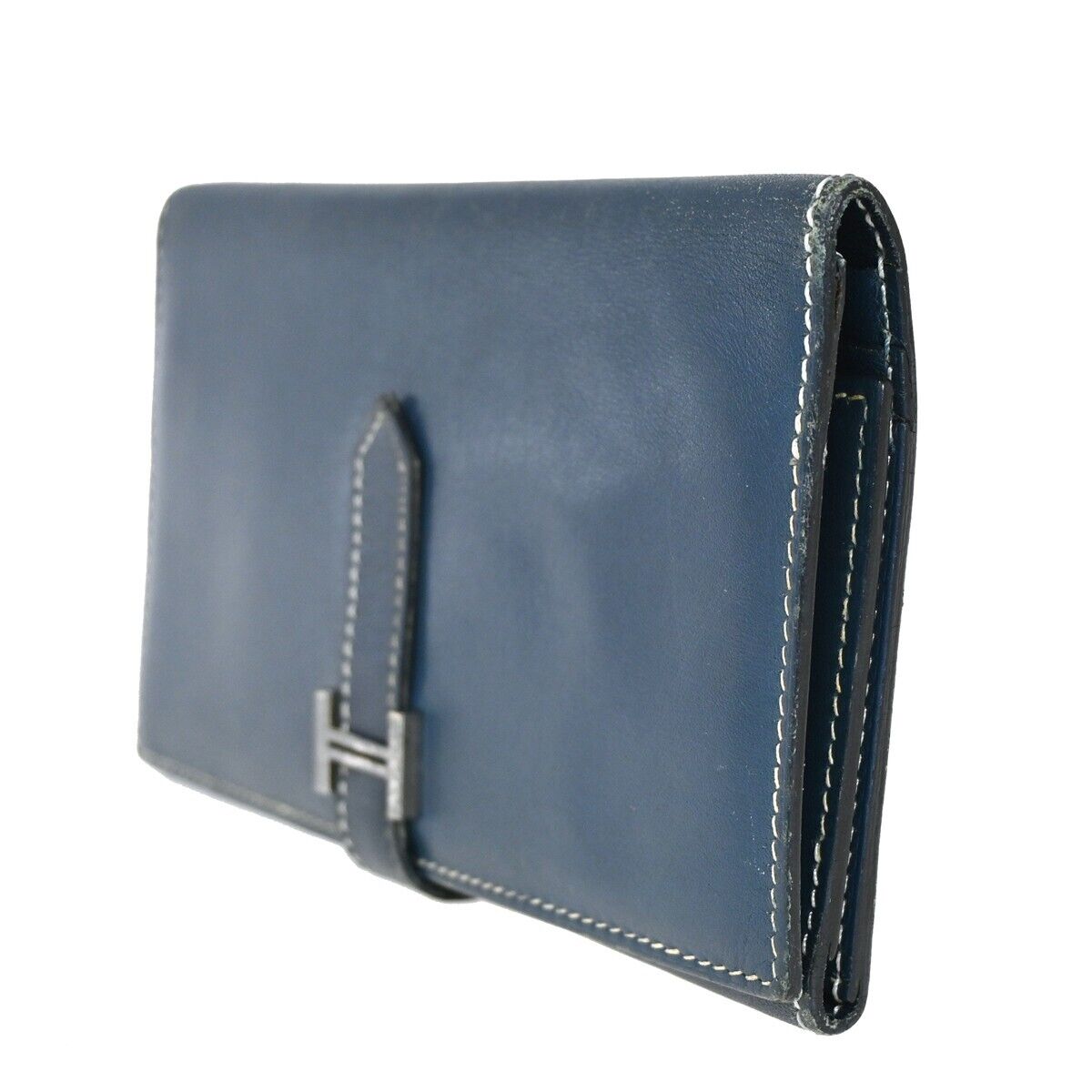 HERMES H Logo Bearn Long Trifold Wallet Purse ▢H Box Calf Leather Blue 82HB258