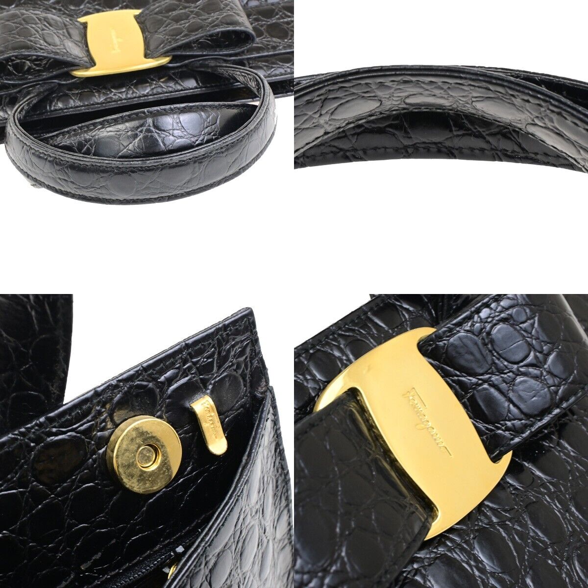 SALVATORE FERRAGAMO Logo Vara Hand Bag Embossing Leather Black Gold 32FA281