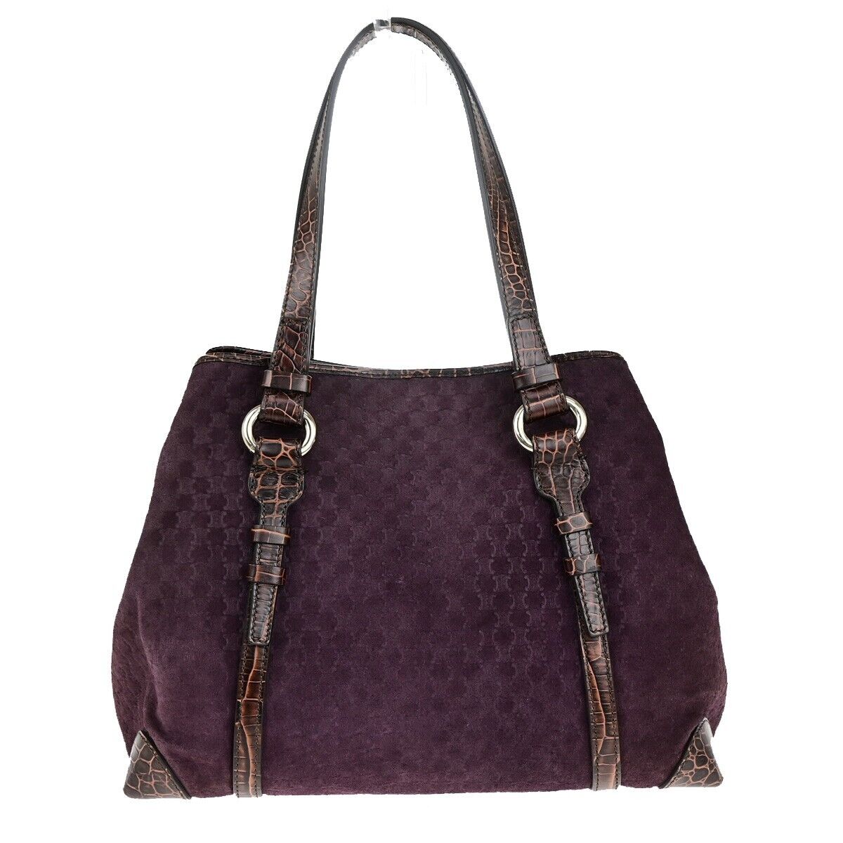 CELINE Logo Macadam Shoulder Tote Bag Suede Embossed Leather Purple SHW 34EC964