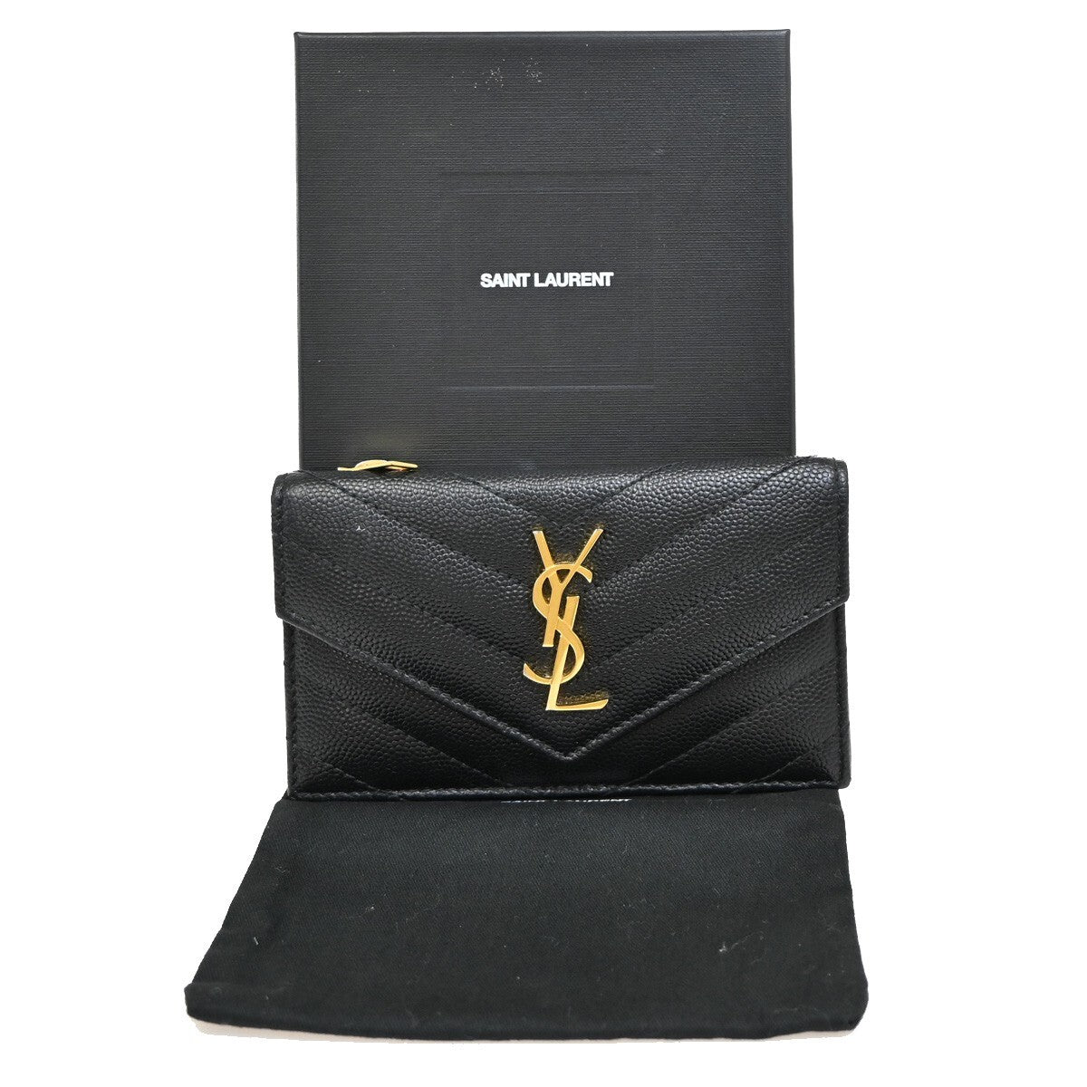 SAINT LAURENT YSL Logo Compact Bifold Wallet Leather Black GHW Italy 87EE549