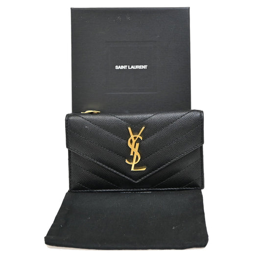 SAINT LAURENT YSL Logo Compact Bifold Wallet Leather Black GHW Italy 87EE549