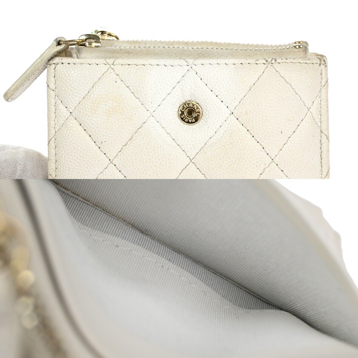 CHANEL CC Logo Bifold Wallet Purse Caviar Skin Leather White GHW Italy  30HB382