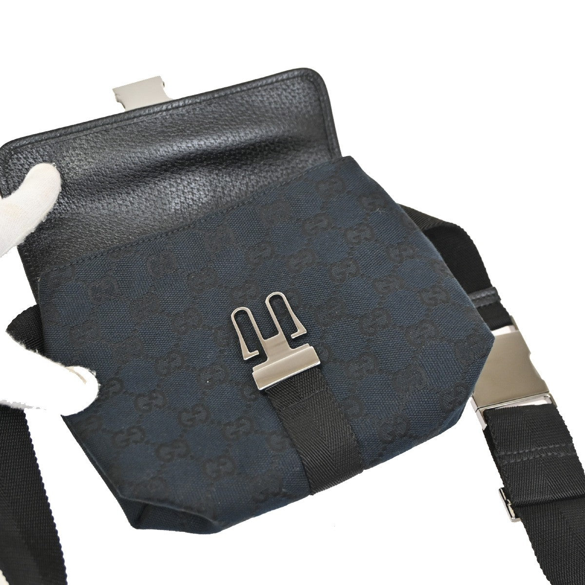 GUCCI Logo GG Pattern Mini Waist Belt Bag Canvas Leather Black SHW Italy 76DA248