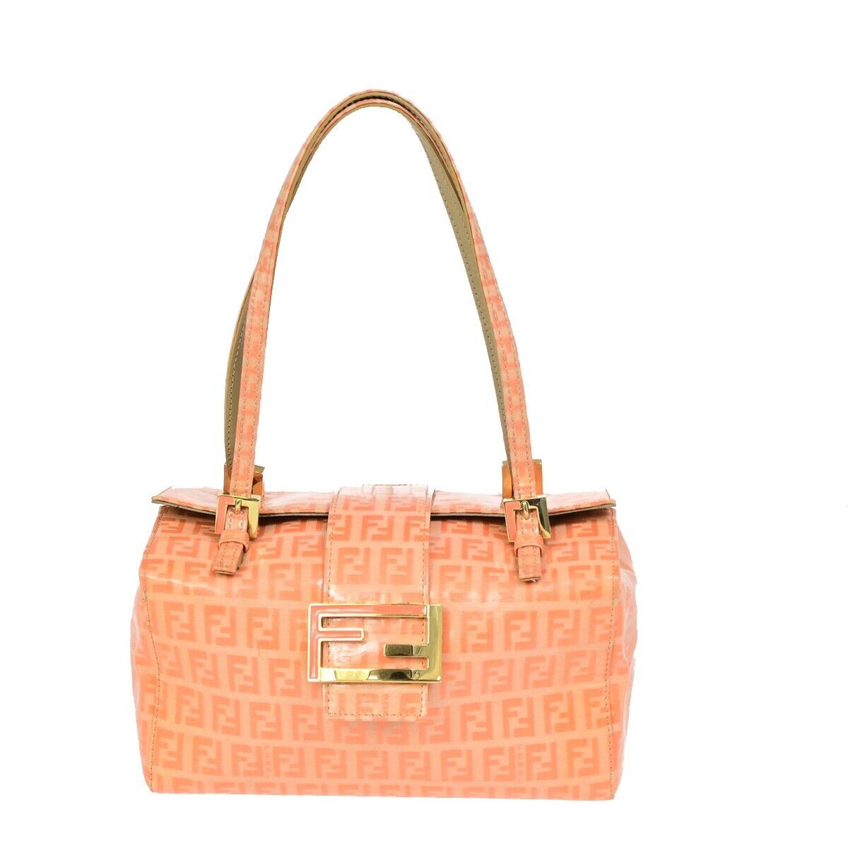 FENDI Logo Zucca Pattern Hand Shoulder Bag Patent Leather orange Gold 87SH936
