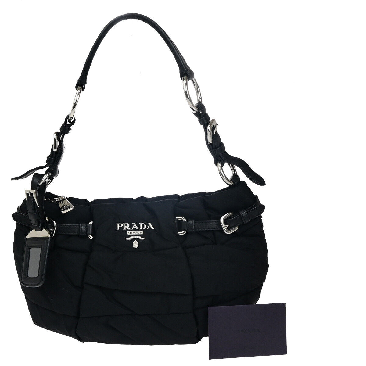 PRADA Logo Crispy Shoulder Bag Nylon Leather Black SHW Italy 17RK079