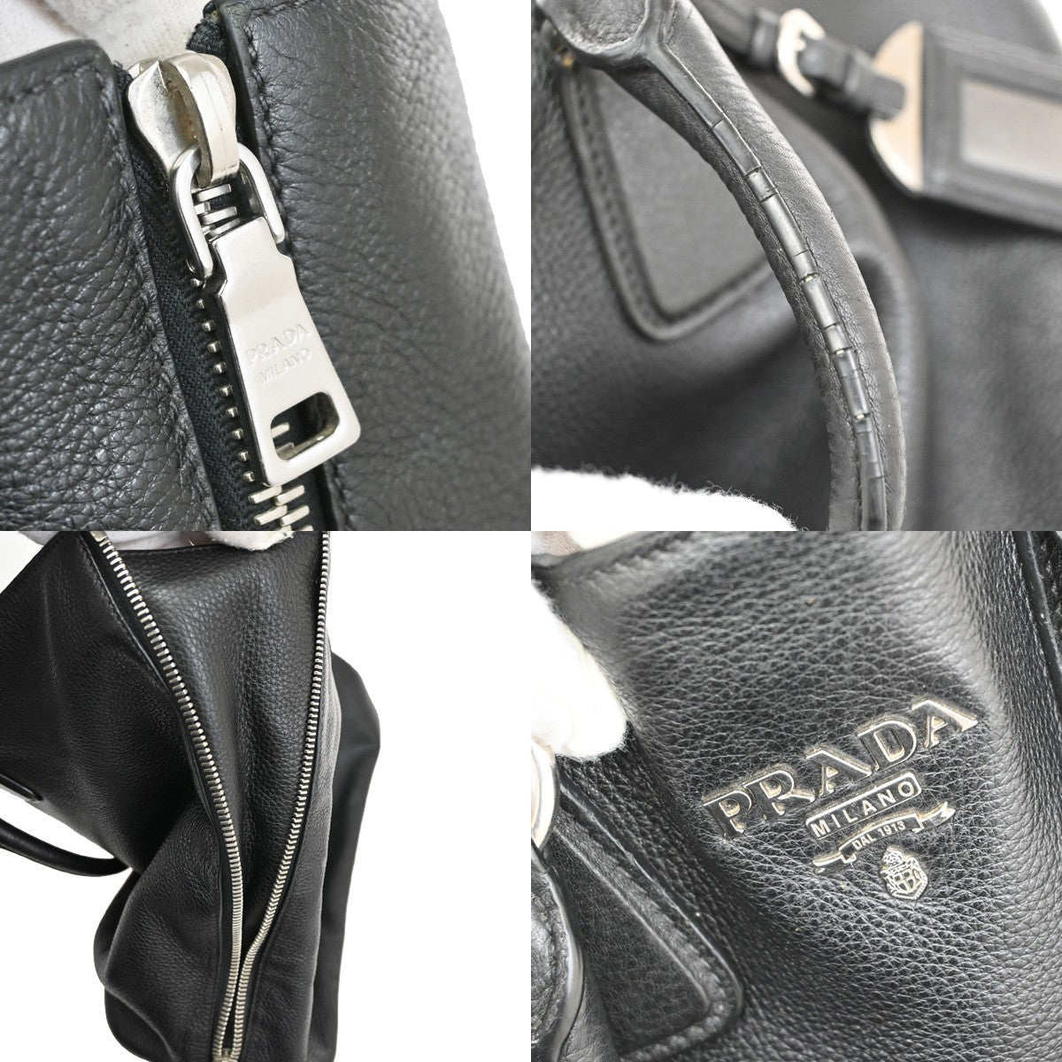 PRADA Logo Side zipper Hand Tote Bag Pebbled leather Black SHW 87TA115