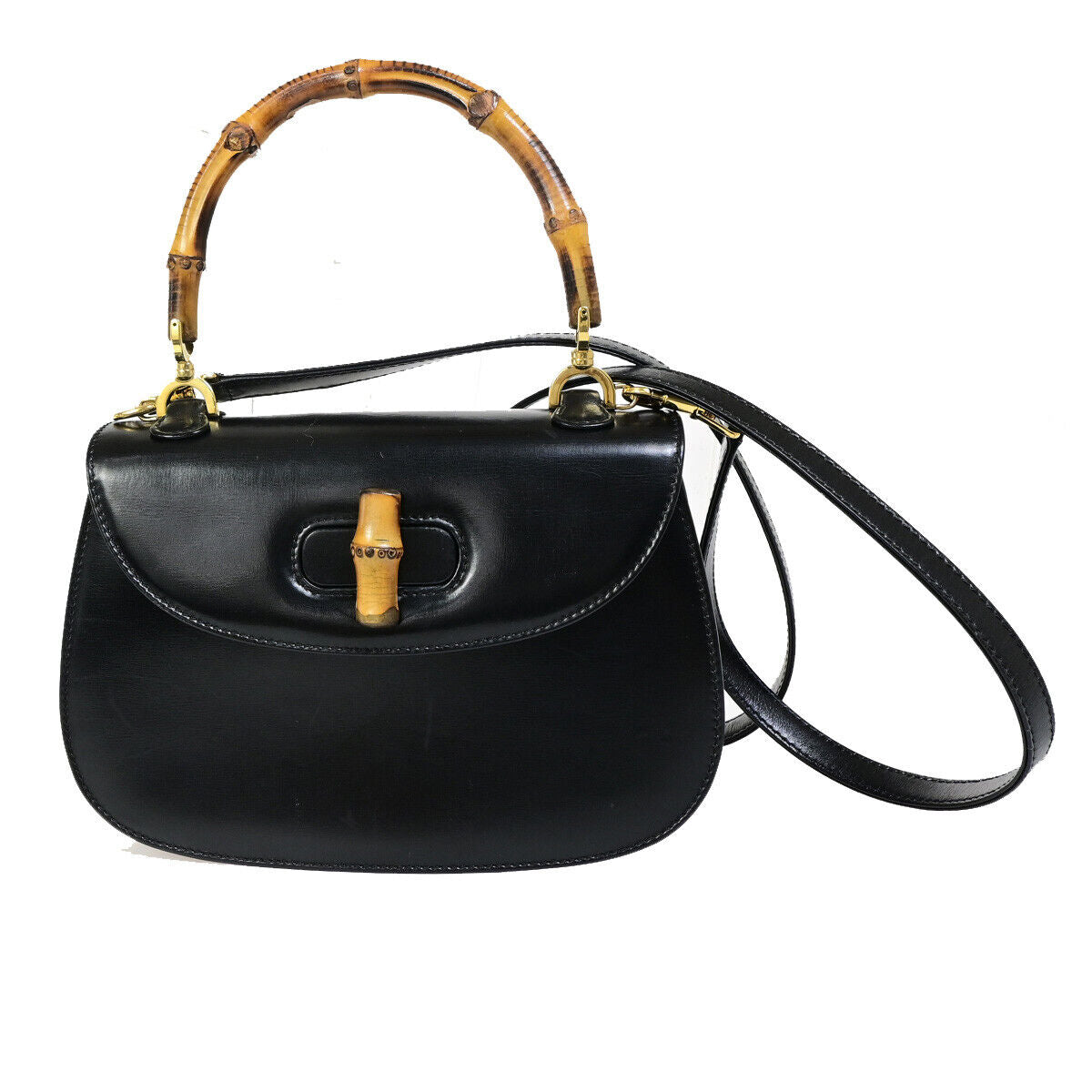 GUCCI Logo Bamboo 2Way Small Shoulder Hand Bag Leather Black GHW Italy 609RK553