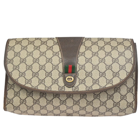 26.Live GUCCI GG Web Sherry Line Clutch Bag PVC Leather Beige Brown 09ZA321