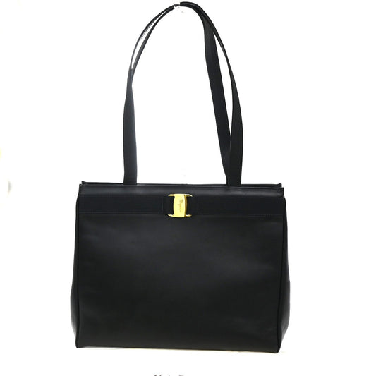 SALVATORE FERRAGAMO Vara Tote Shoulder Bag Canvas Leather Black GHW 66TA485