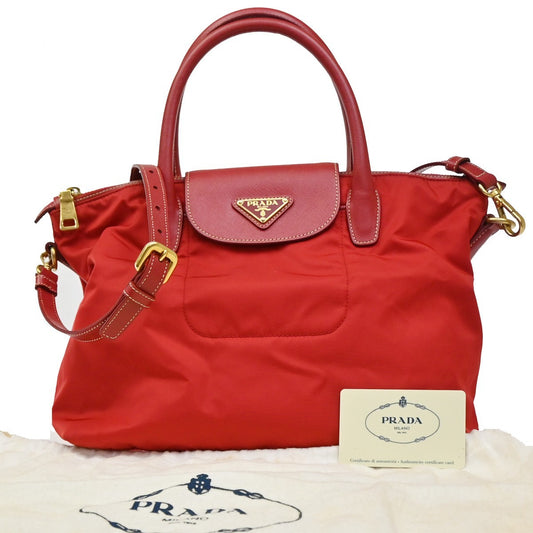 PRADA Saffiano Tessuto 2Way Tote Shoulder Hand Bag Nylon Leather Red GHW 77KC191