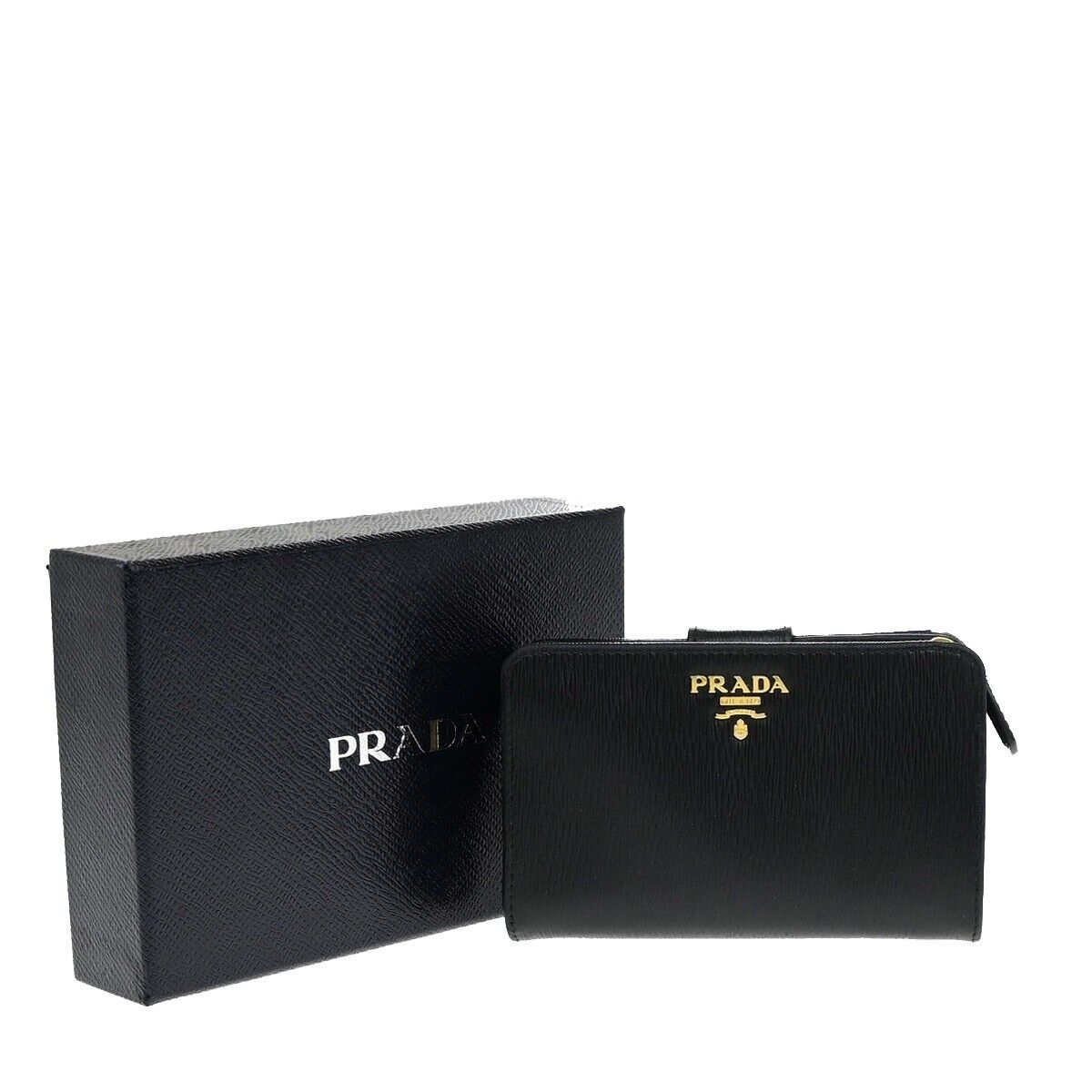 PRADA Logo Bifold Wallet Purse Leather Black Gold GHW Italy 60YG988