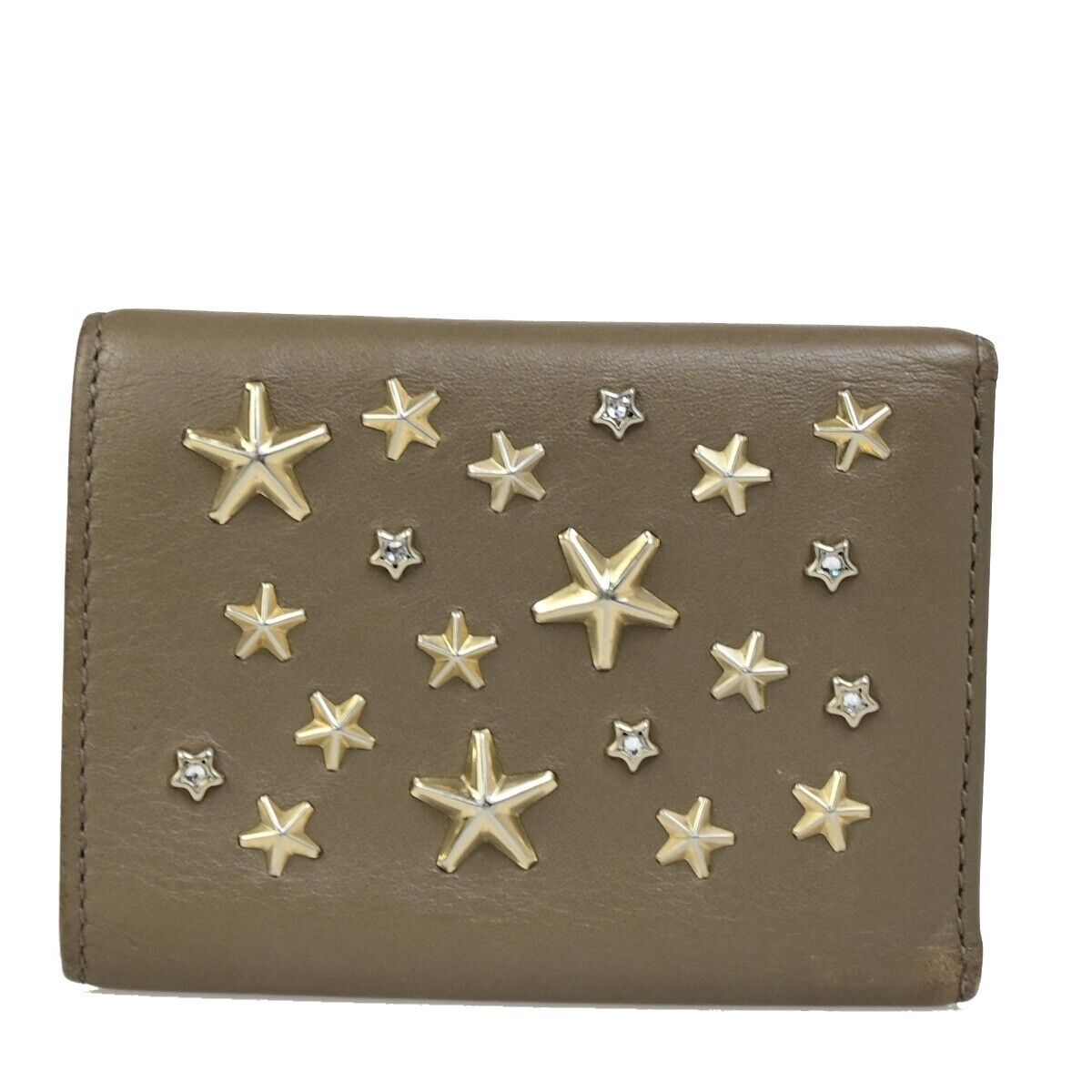 JIMMY CHOO Logo Star Studs Mini Trifold Wallet Purse Leather Brown Italy 09KA404