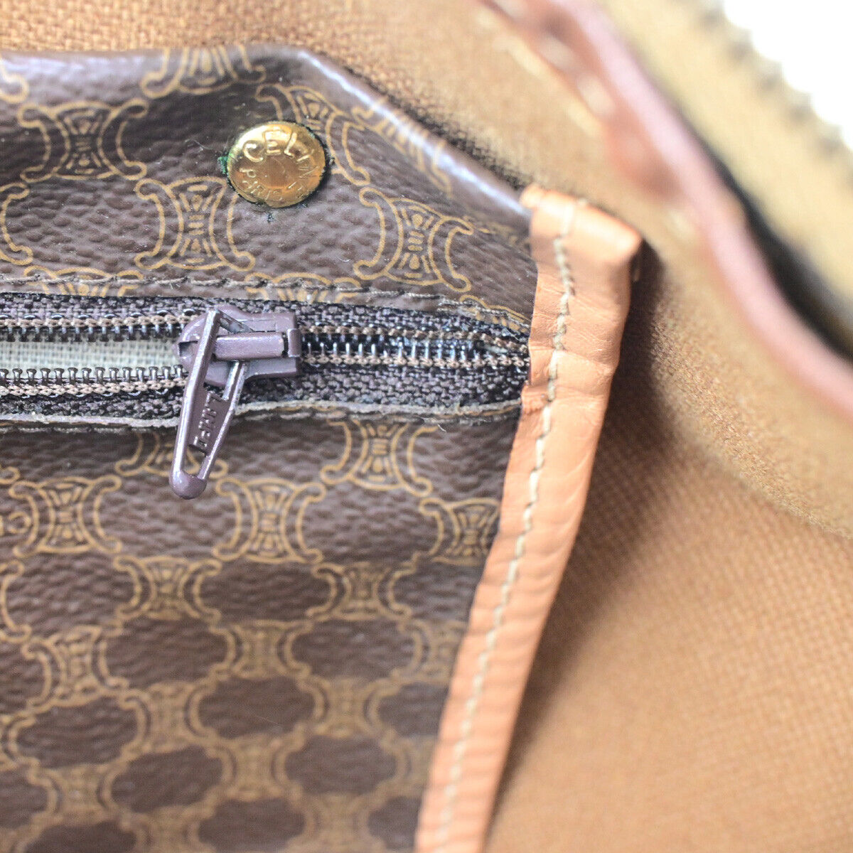 CELINE Logo Macadam Pattern Travel Hand Bag PVC Leather Brown GHW 62YG501