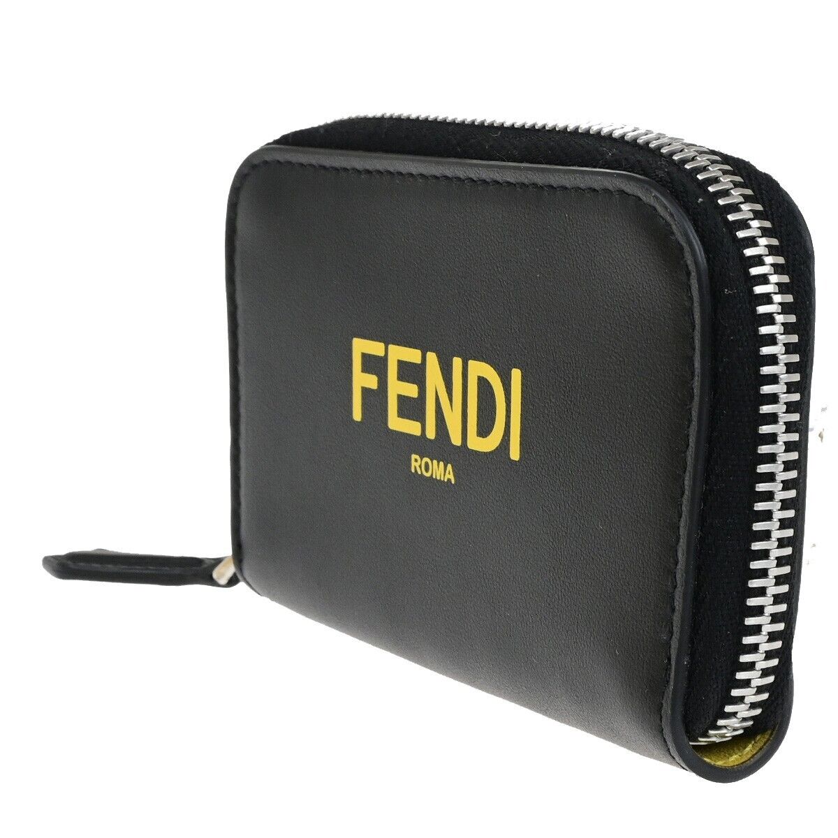 FENDI Logo Coin Case Wallet Purse Leather Black Yellow Silver Italy 36RK788