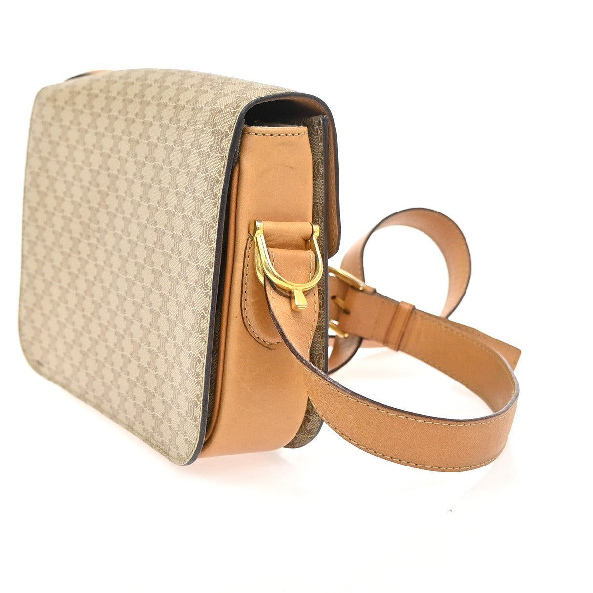 CELINE Logo Horse Carriage Macadam Shoulder Bag PVC Leather Beige GHW 30KC949