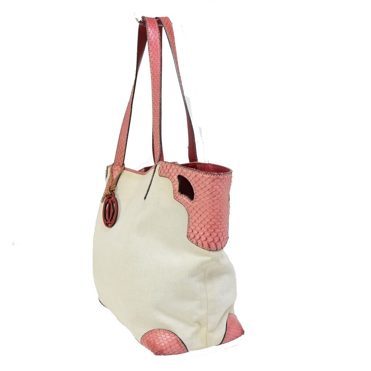 CARTIER Logo Marcello Shoulder Tote Bag Canvas Leather Beige Red Italy 36FA996