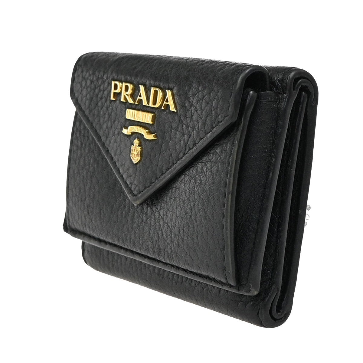 PRADA Logo Mini Compact Trifold Wallet Vitello Leather Black GHW 62KC693