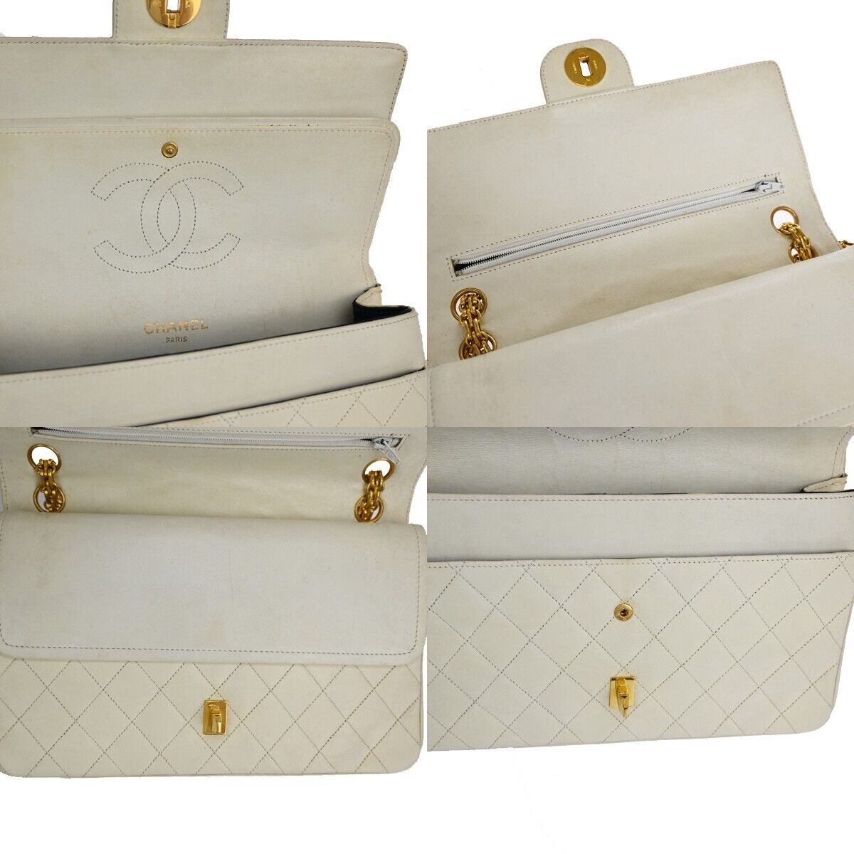 CHANEL CC Matelasse 25 Double Flap Chain Shoulder Bag Leather White GHW 636RJ391