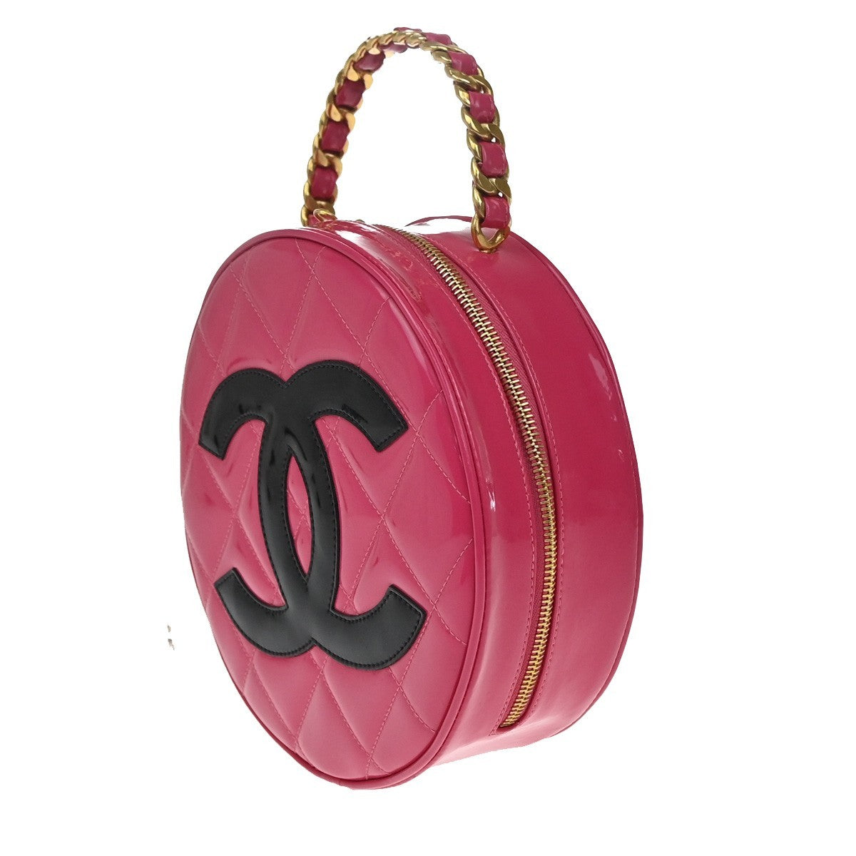 41 CHANEL Matelasse Round Vanity Chain Hand Bag Patent Leather PK VTG 6735LC600