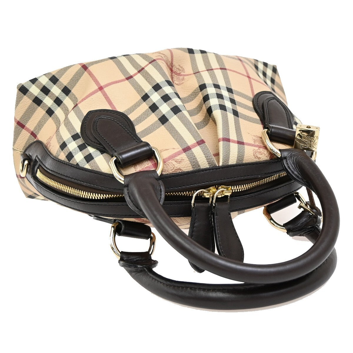 BURBERRY Logo Nova Hand Bag  Check PVC Leather Brown GHW 87RF419