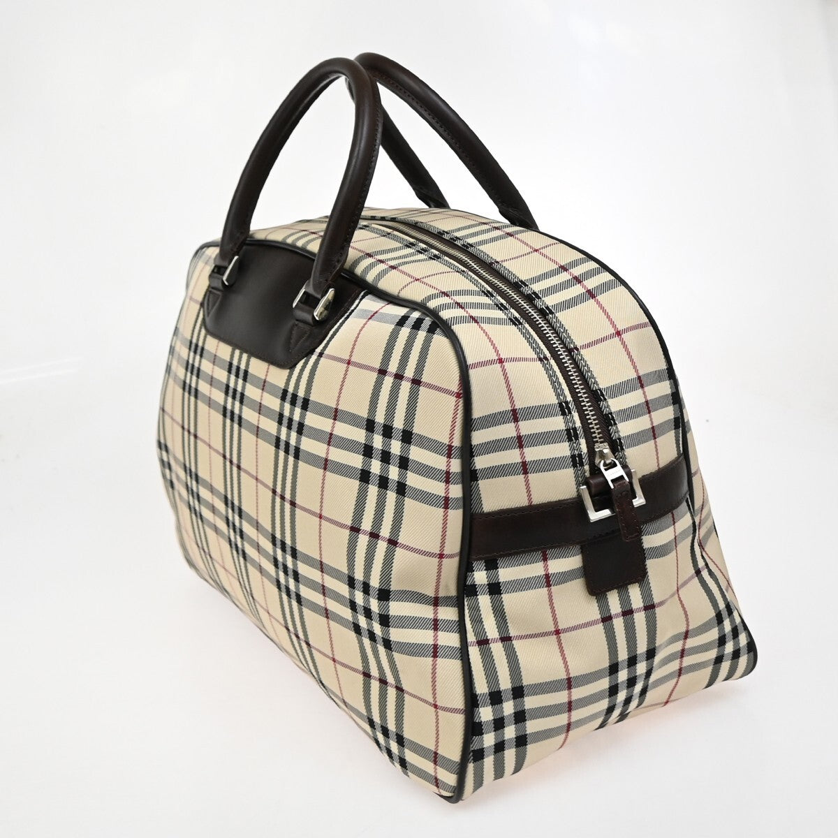 BURBERRY Logo Nova Check Boston Hand Bag Canvas Leather Beige Brown 30FB778