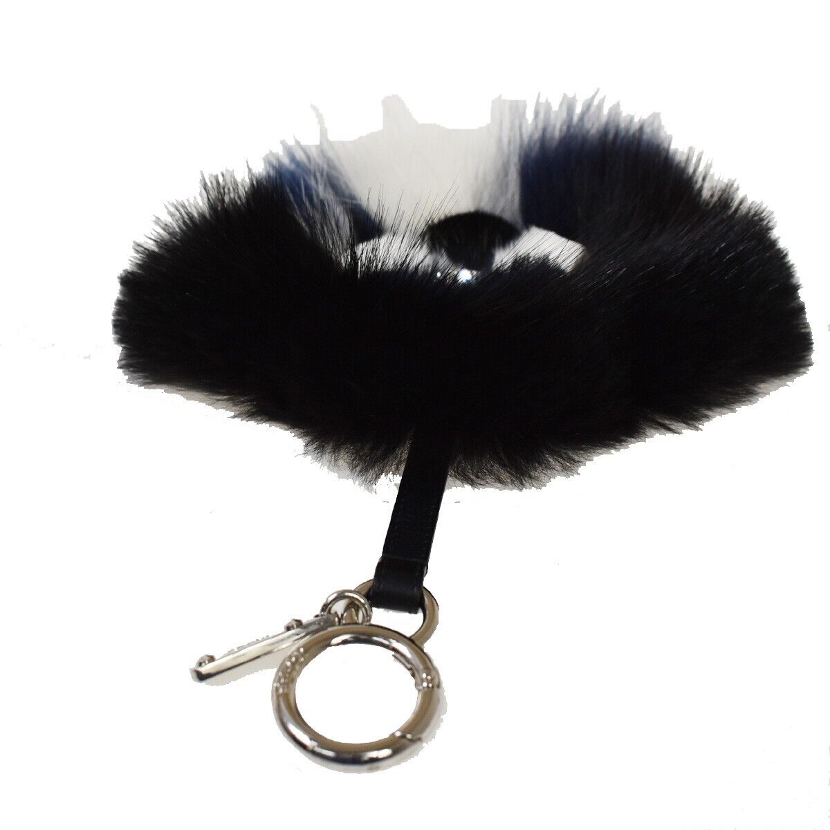 FENDI Logo Flower Motif Charm Key Chain Fur Leather Black Italy 66JH635