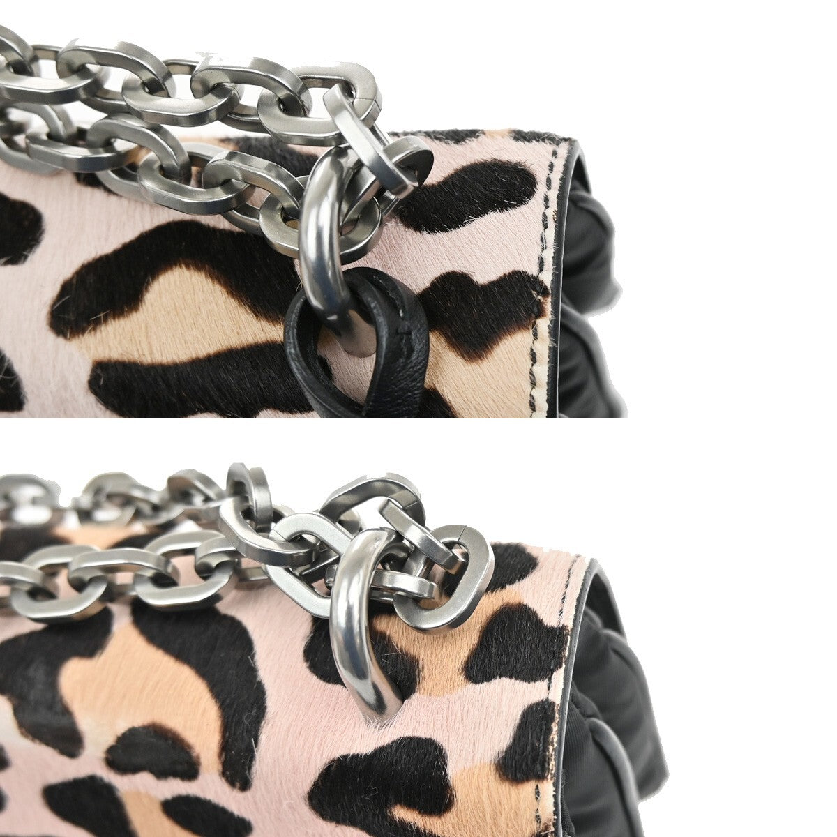 PRADA MILANO Leopard Chain Shoulder Bag Hair on Leather Nylon Black Pink 99KC004