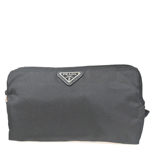 PRADA Logo Tessuto Cosmetic Pouch Bag Nylon Leather Black Nero Silver 32YC799