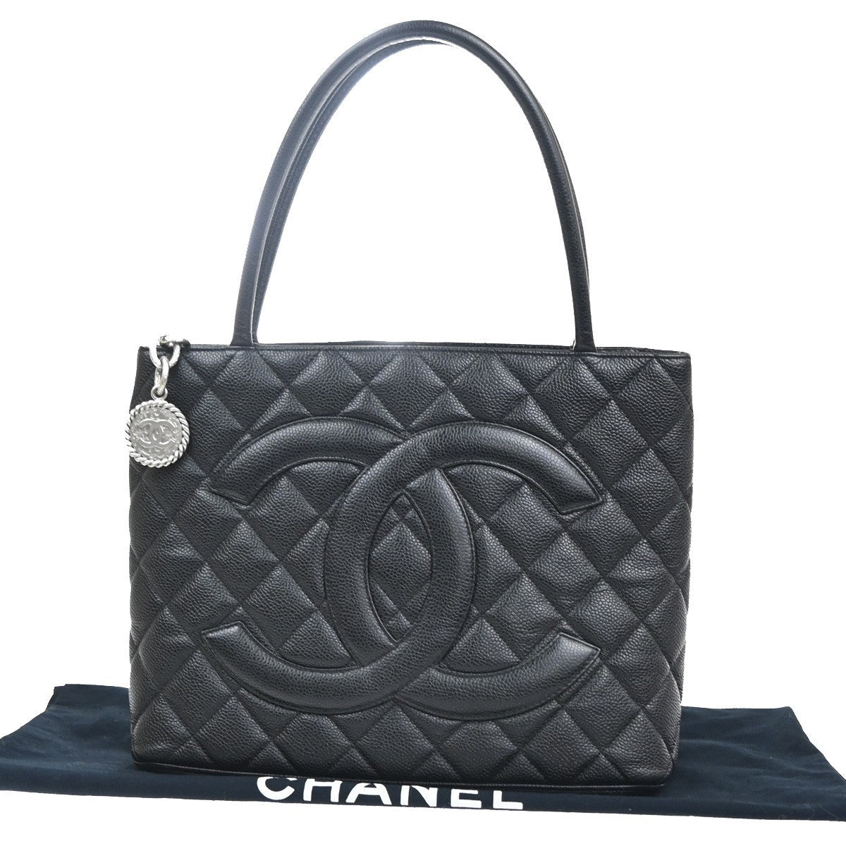 CHANEL CC Medallion Shoulder Bag Grained Calfskin Leather Black SHW 641RL957