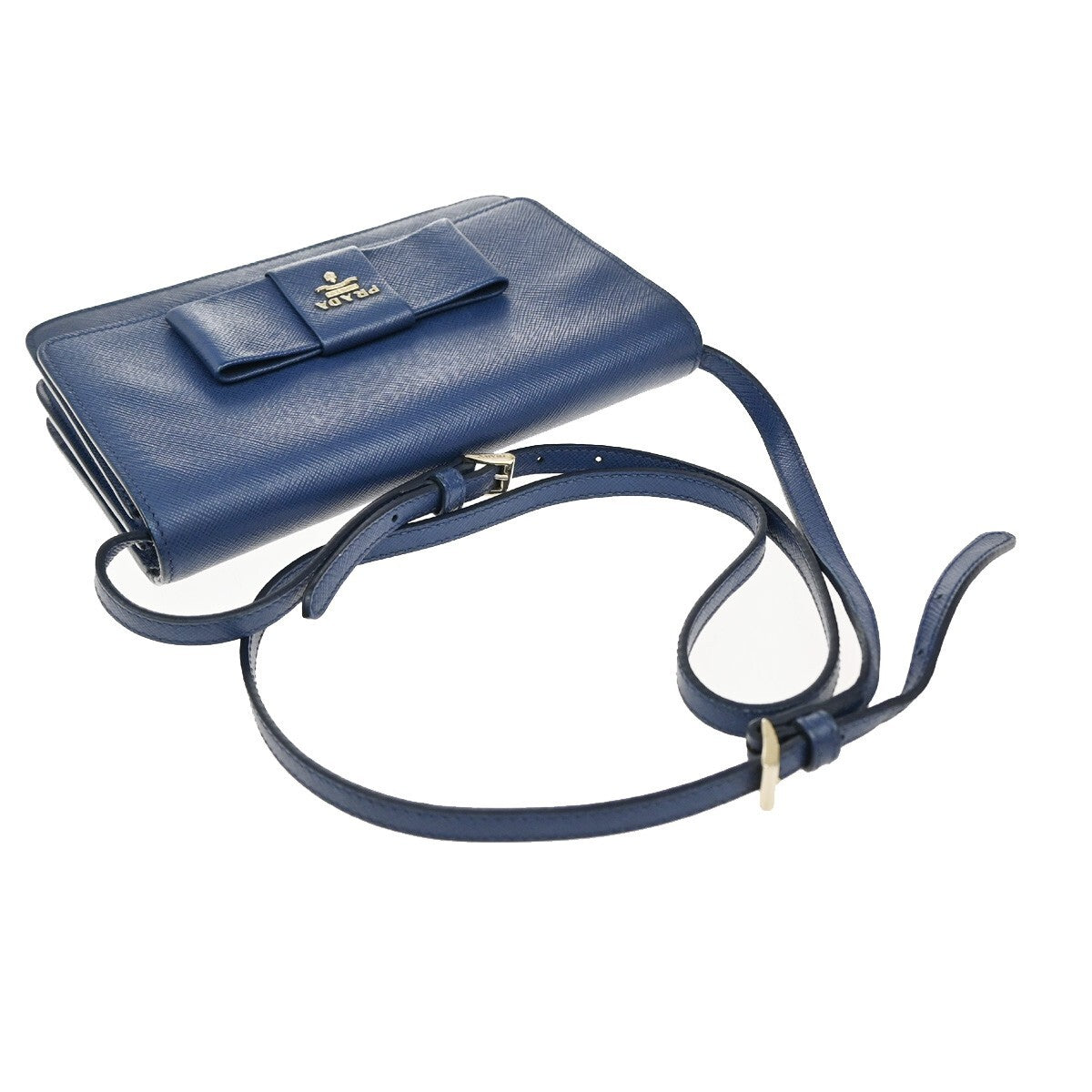 PRADA MILANO Logo Bow 2Way Shoulder Clutch Bag Saffiano LUX Leather Blue 87RF248