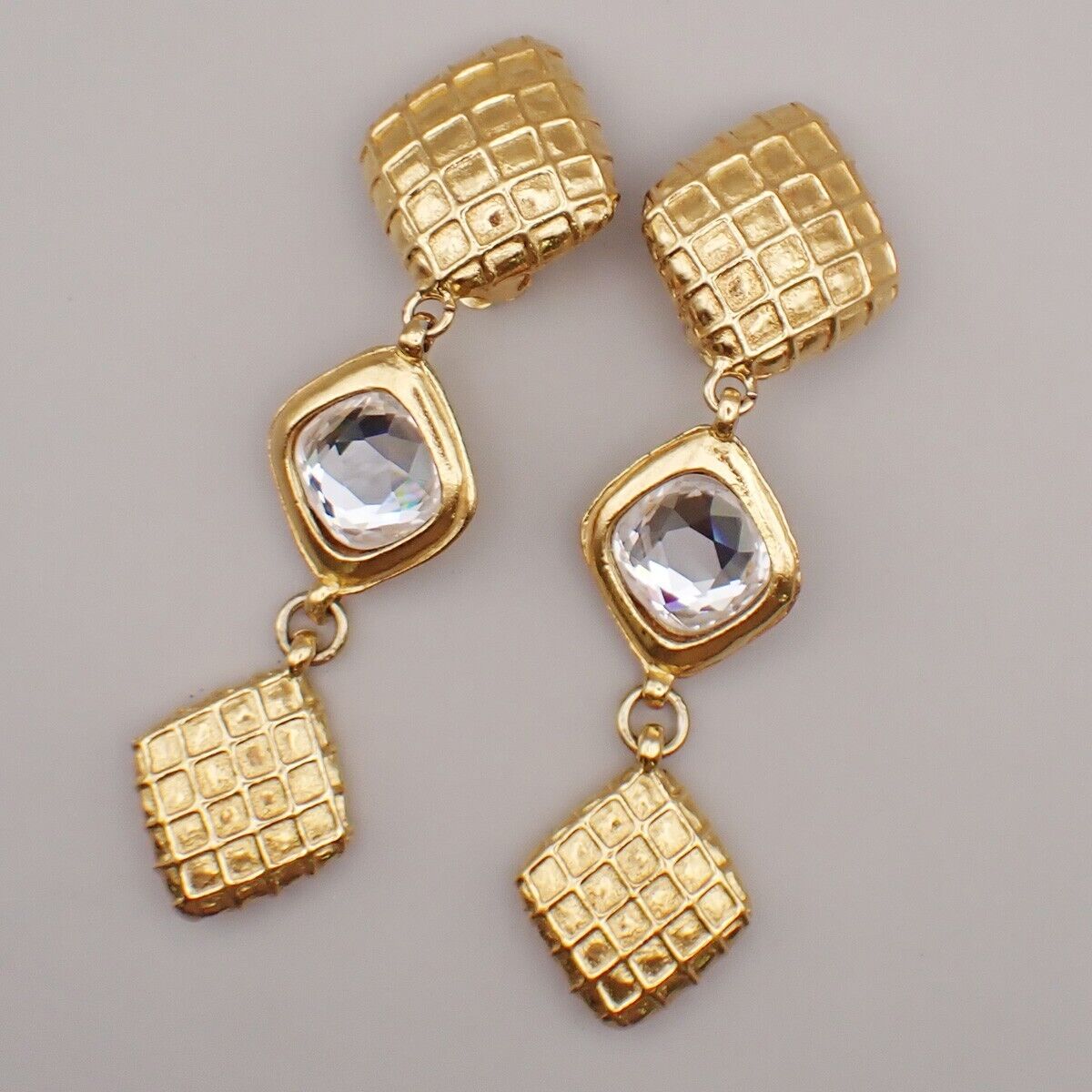 CHANEL Matelasse Diamond Shape Drop Earrings Rhinestone Clip-On Gold 73RL067