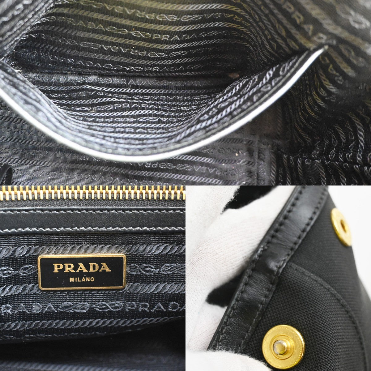 PRADA Logo Jacquard Shoulder Hand Bag Canvas Leather  Black GHW 30SA098
