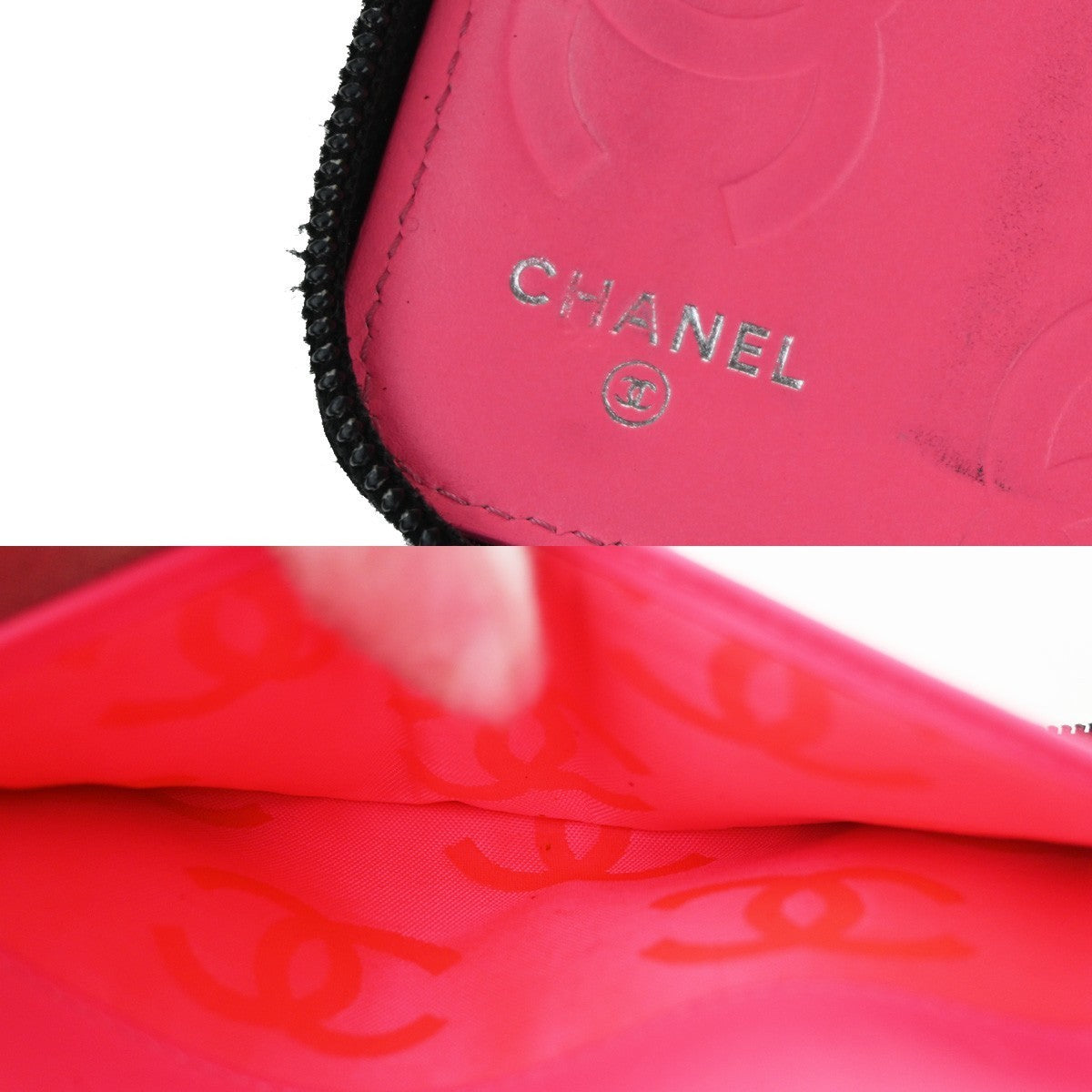 CHANEL CC Cambon Zip Around Long Bifold Wallet Purse Leather Black Pink 31TA372
