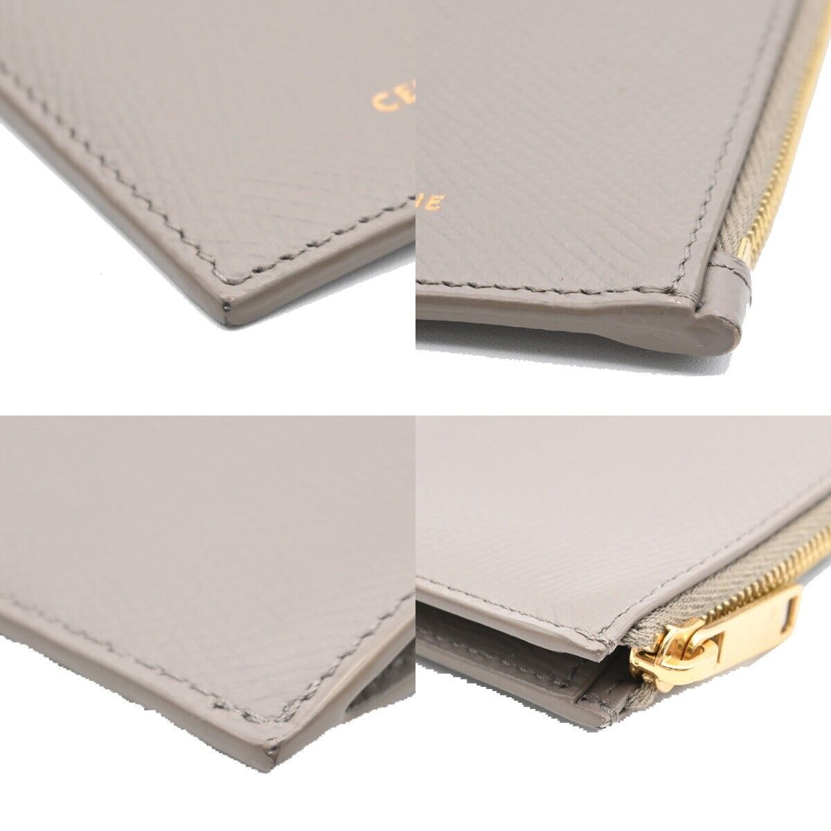 CELINE Logo Fragment Case Coin Zip Wallet Purse Leather Gray Gold Italy 36HB942