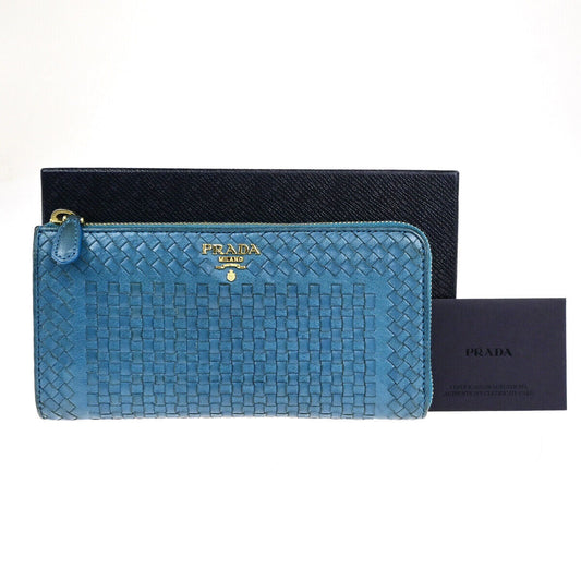 PRADA Logo Madras Long Zipper Long Wallet Pursr Blue GHW Voyage 09YG620
