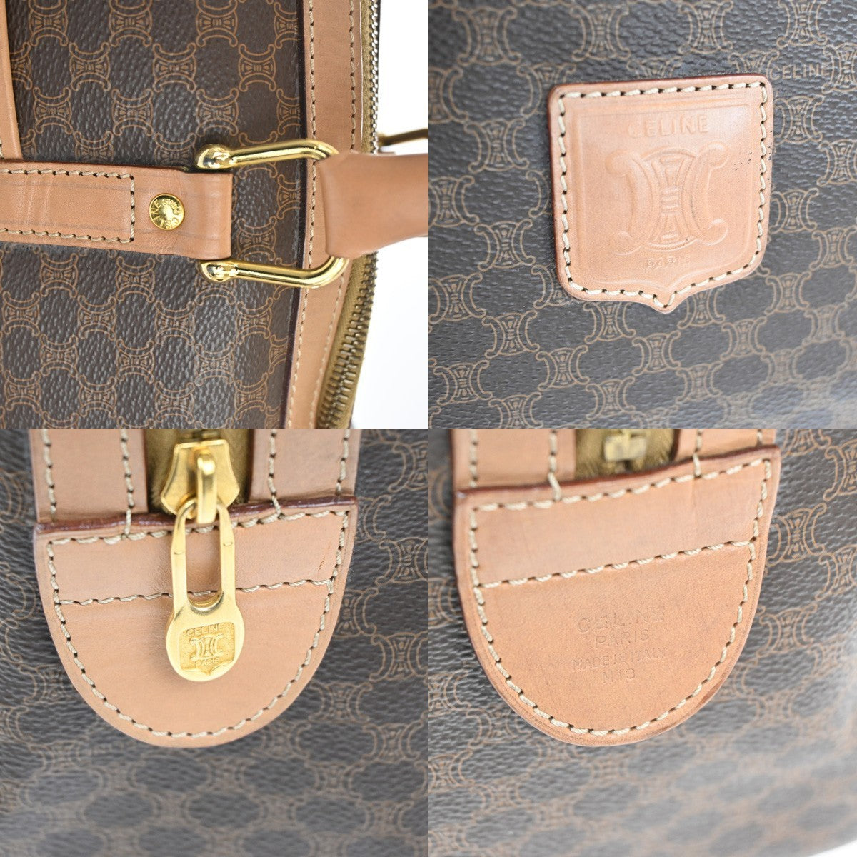 CELINE Logo Macadam Pattern Travel Hand Boston Bag PVC Leather Brown 38KC411