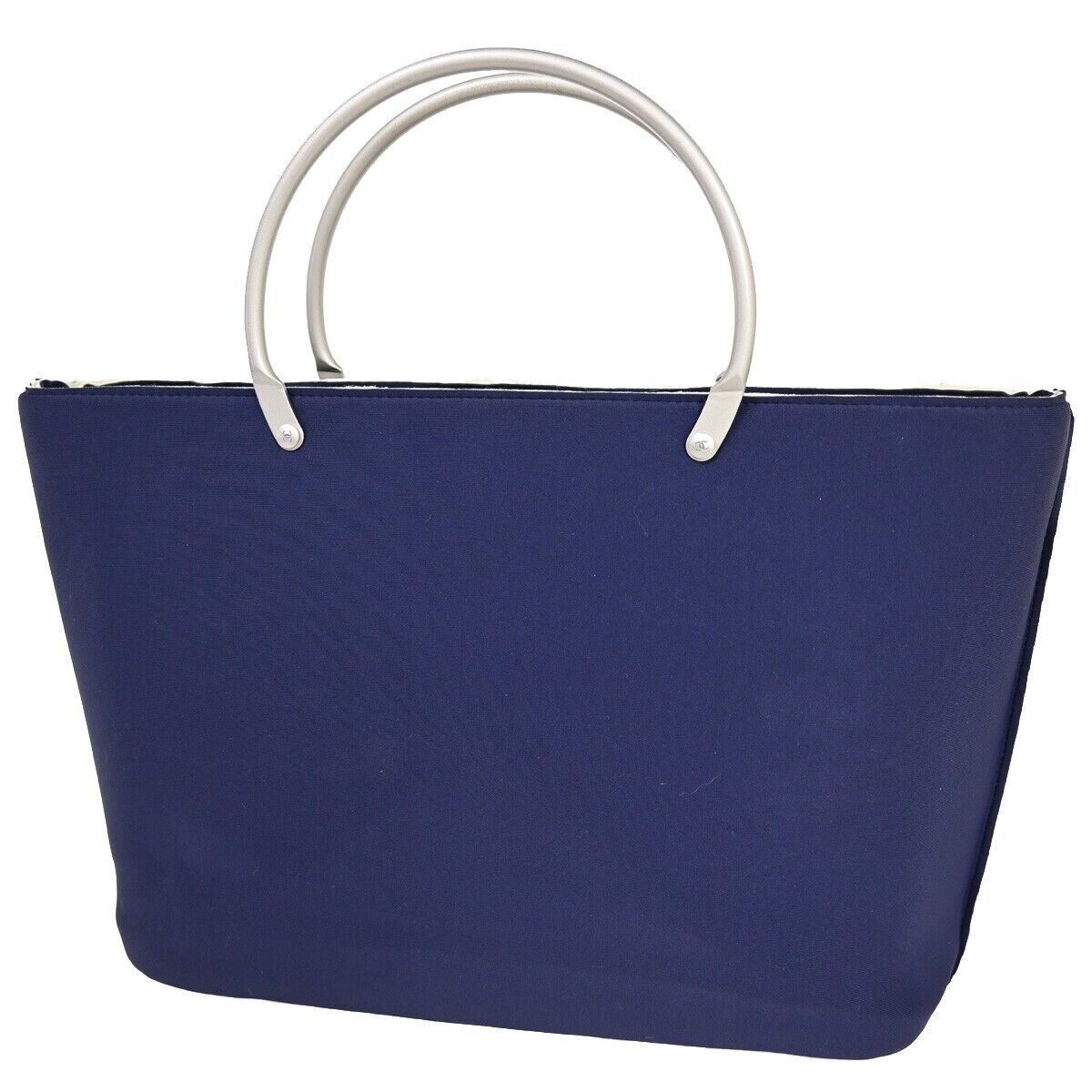 CHANEL CC Logo Metal Handle Hand Tote Bag Nylon Leather Blue Silver 35KA012