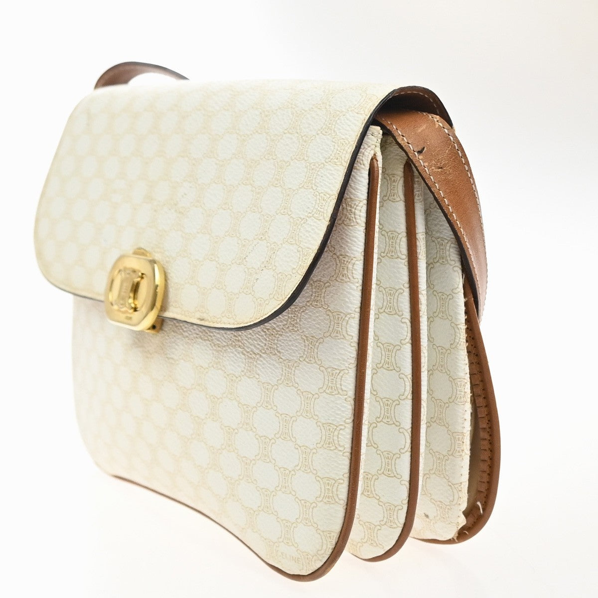 CELINE Macadam Pattern Crossbody Shoulder Bag PVC Leather White Brown  87KC778
